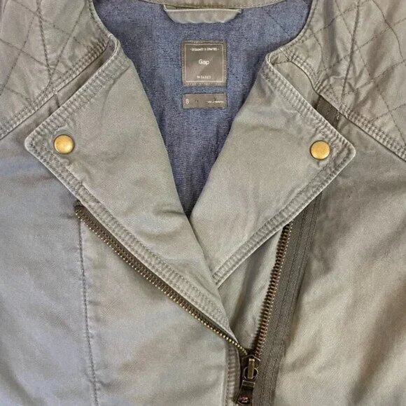 Gap Quilted Moto Flight Cropped Jacket Green Gray Zipper Details Size 8 - Picture 6 of 14